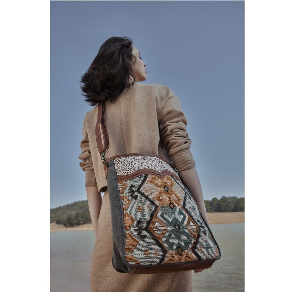 Myra Bag Handmade Seneca Shoulder Bag Upcycled Canvas & Cowhide Leather